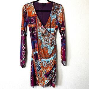 Hale Bob Paisley Purple & Orange Long Sleeved Dress Size Medium